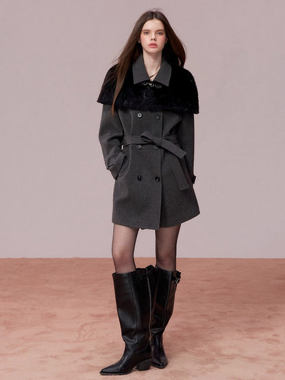 Fur Collar Cape-Style Wool Coat