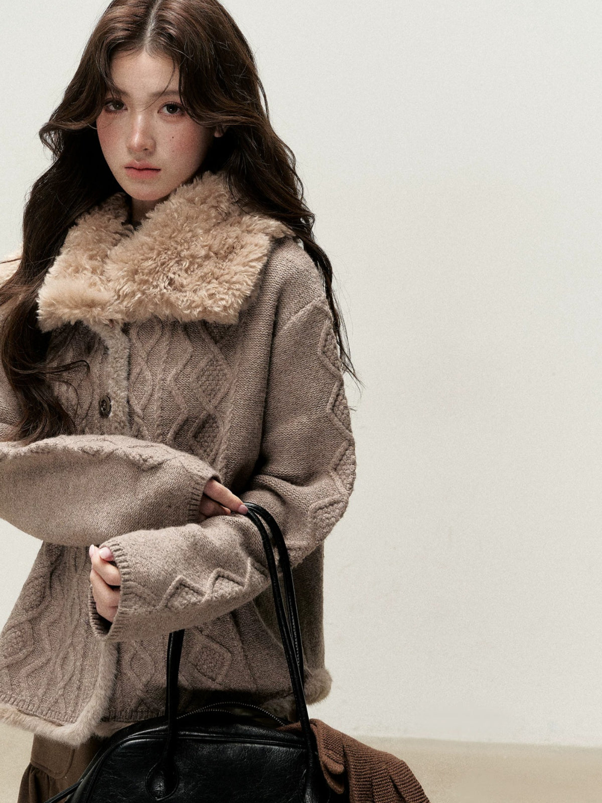 Faux Fur Collar Cable Knit Cardigan