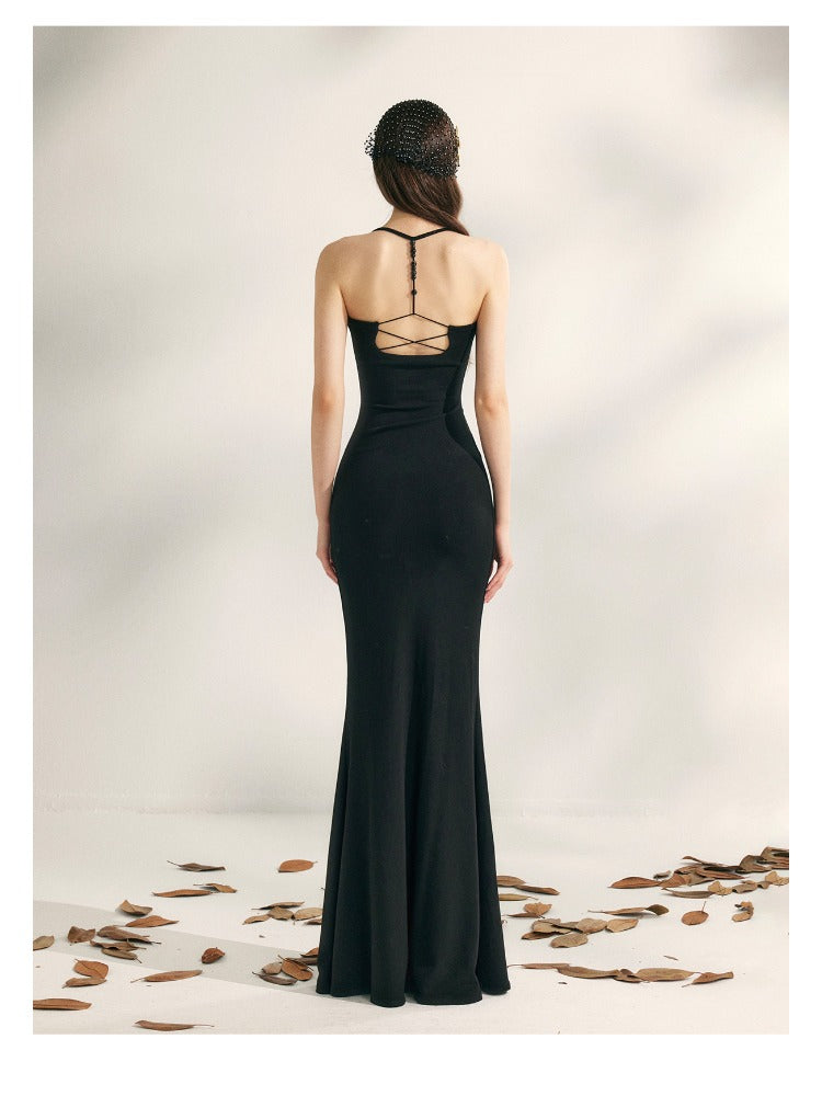 Beaded Halter Knit Fishtail Dress
