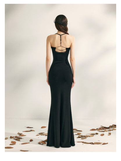 Beaded Halter Knit Fishtail Dress