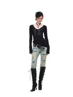 Rhinestone V Neck Knit Top