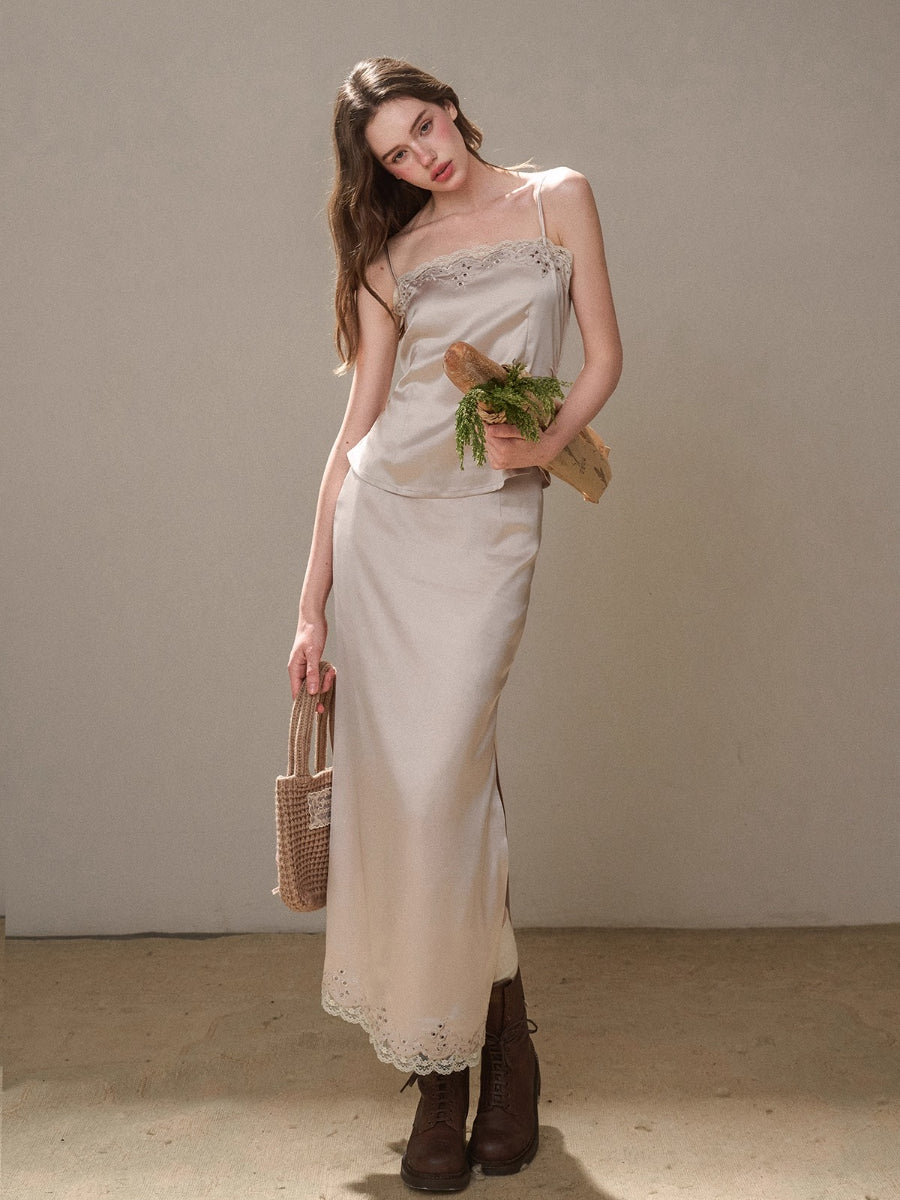 Cosagach Pearl Satin Embroidered Camisole &amp; Skirt Set