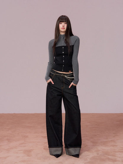 Color-Block High Neck Knit Top &amp; Fringe Cape Set