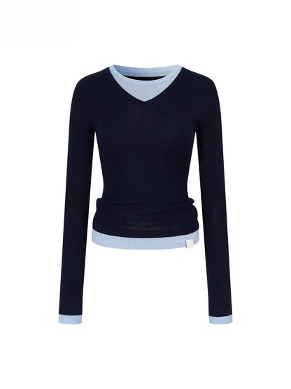 Contrast V-Neck Knit Top