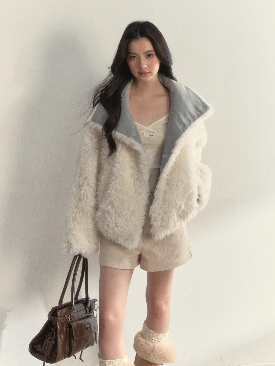 “Warm Oak Grove” Double-Breasted Faux Shearling Parka