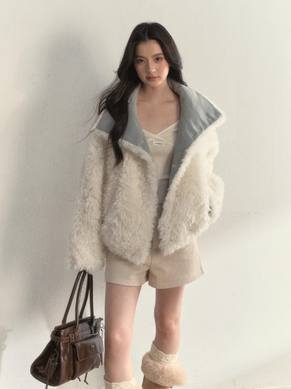 “Warm Oak Grove” Double-Breasted Faux Shearling Parka