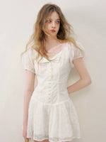 Apricot Floral Embroidered Puff Sleeve Dress