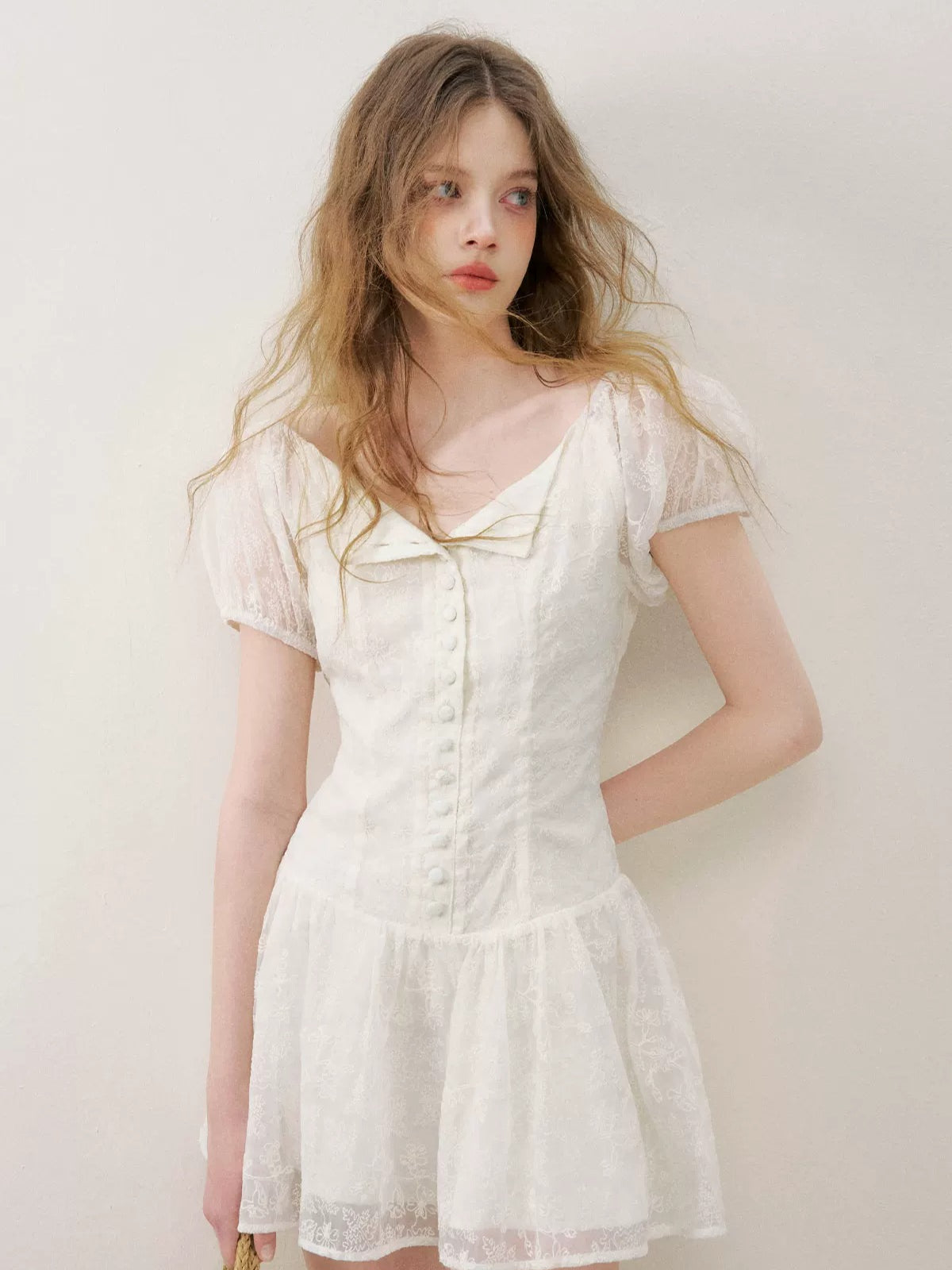 Apricot Floral Embroidered Puff Sleeve Dress