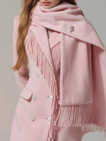 Wool-Blend Hourglass Fringe-Scarf Double-Breasted Long Coat