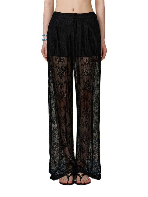 Black Lace Jacquard Wide-Leg Pants