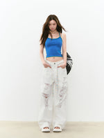 White Rhinestones Ripped Jeans