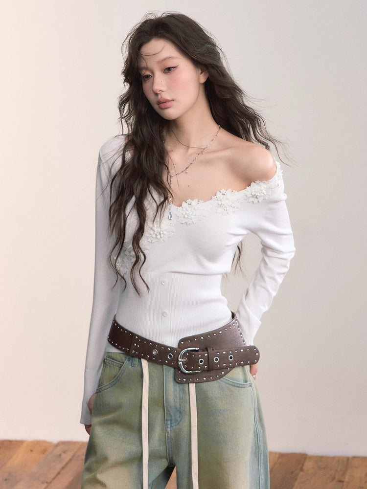 3D Floral Ribbed Waist-Fit T-shirt