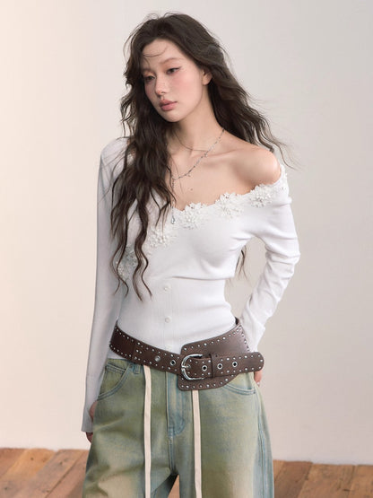 3D Floral Ribbed Waist-Fit T-shirt