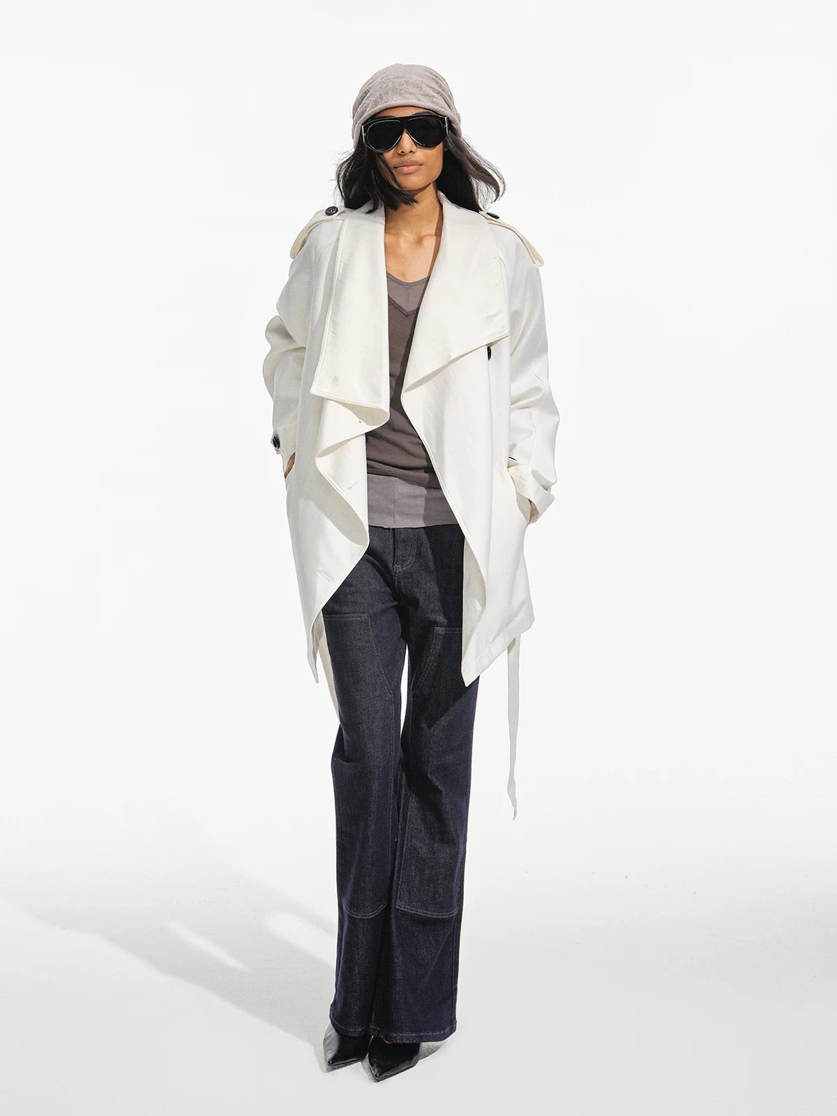 Draped Collar Belted Trench Coat