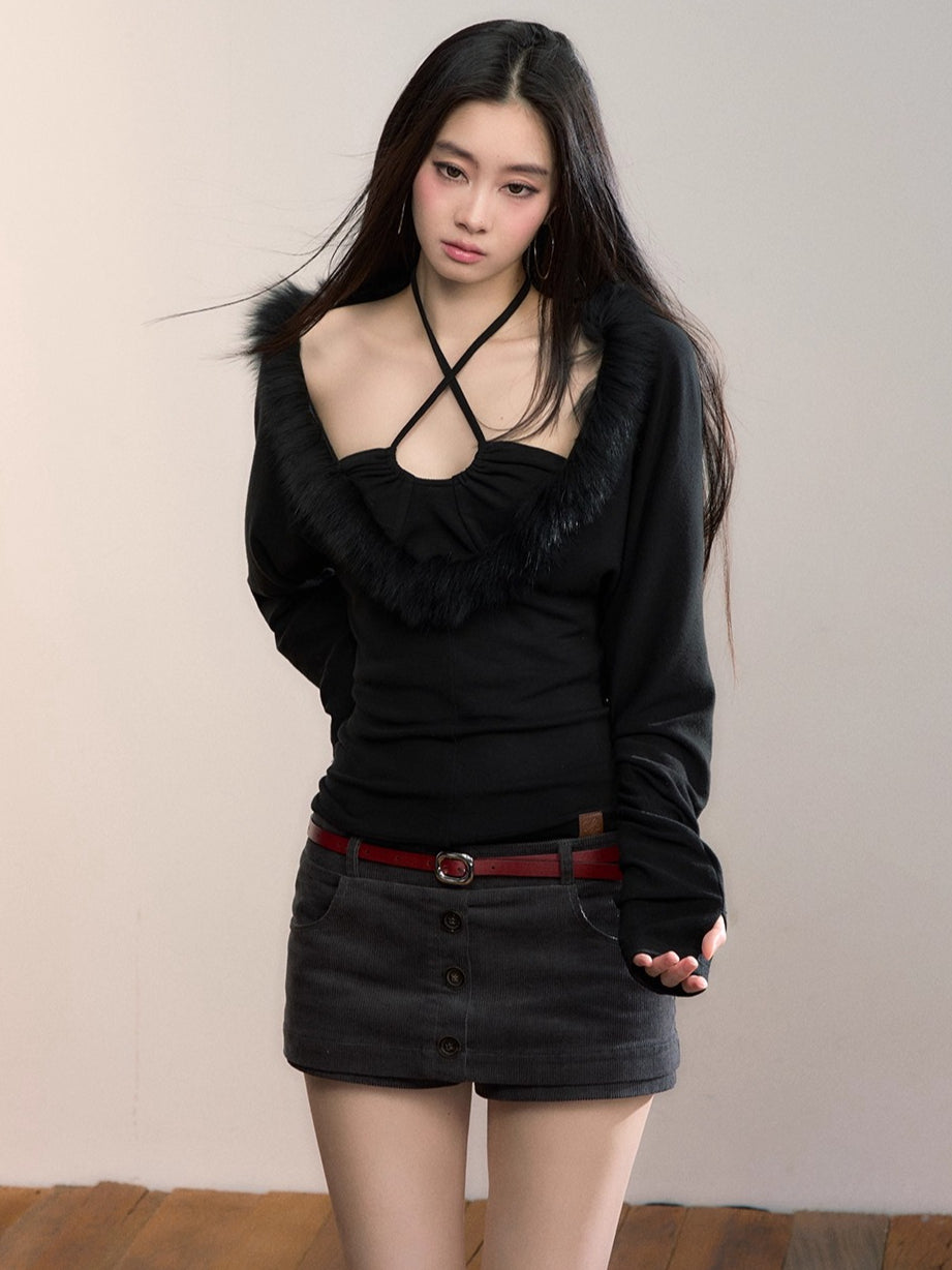 Fox-Trim Halter Knit Top