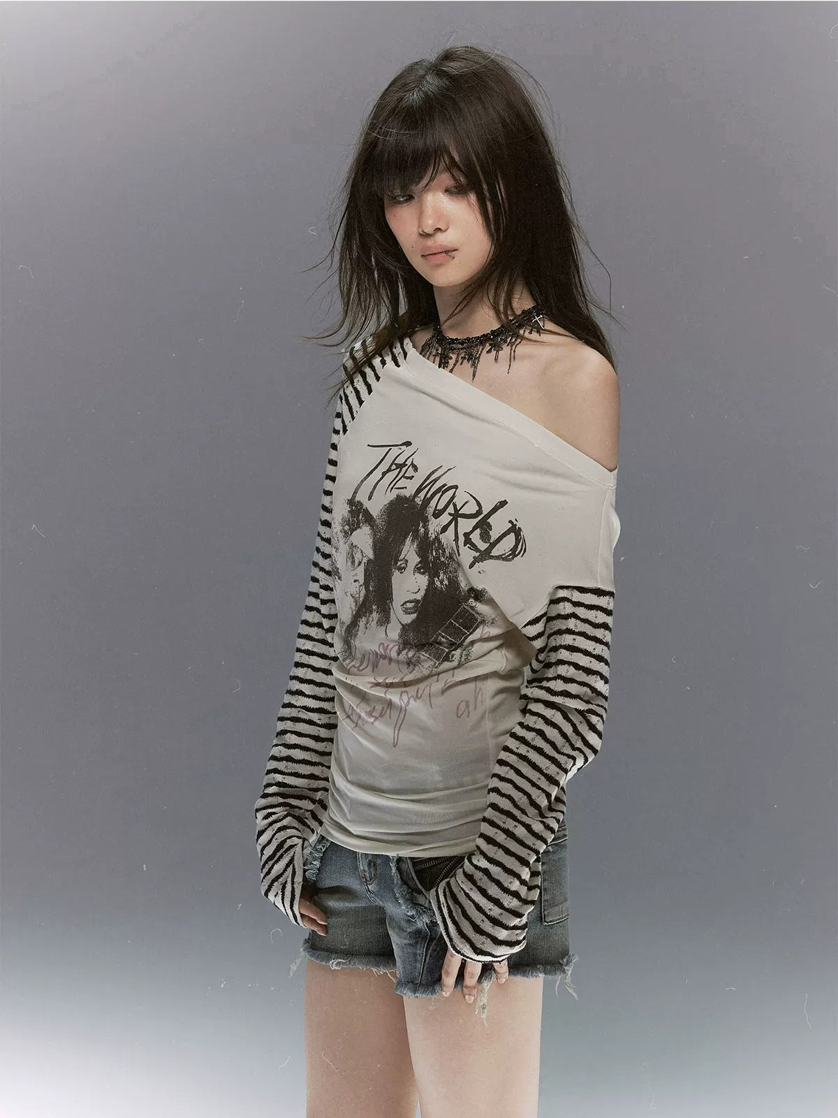 Punk Portrait Stripe Asymmetric Top