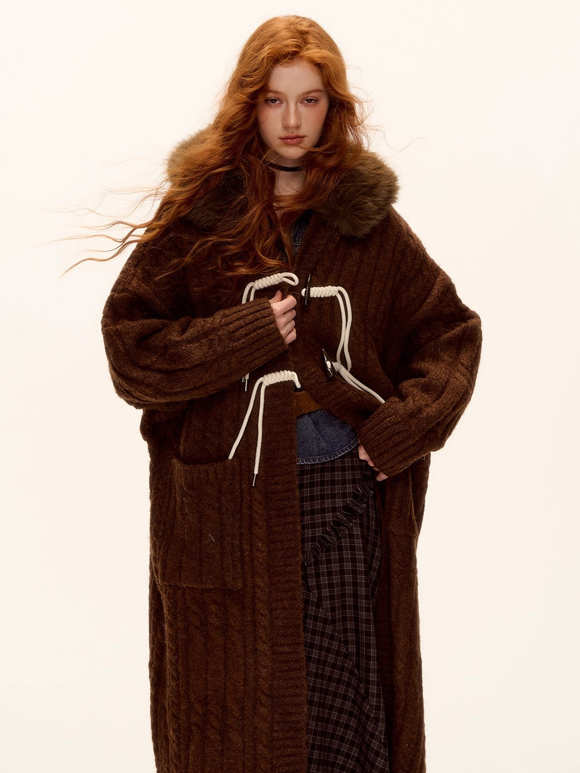 Detachable Fur Collar Cable-Knit Long Cardigan