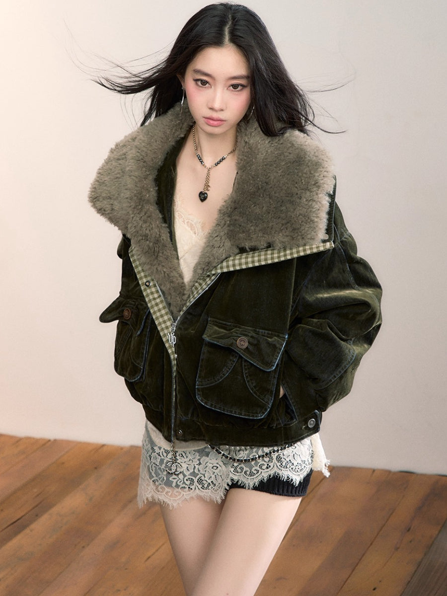 Velvet Denim Oversized Fur Collar Down Jacket