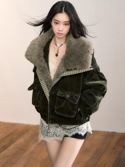 Velvet Denim Oversized Fur Collar Down Jacket