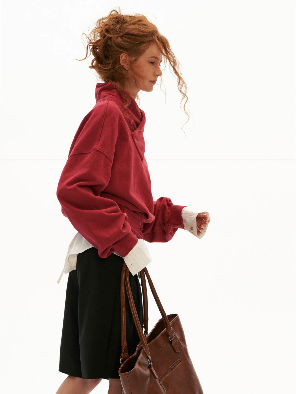 Cross Collar Lace-Up Washed Sweatshirt