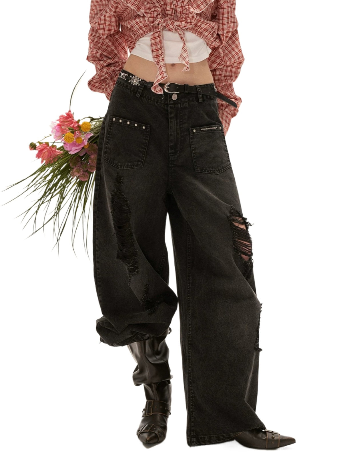 Distressed Raw-Edge Wide-Leg Jeans