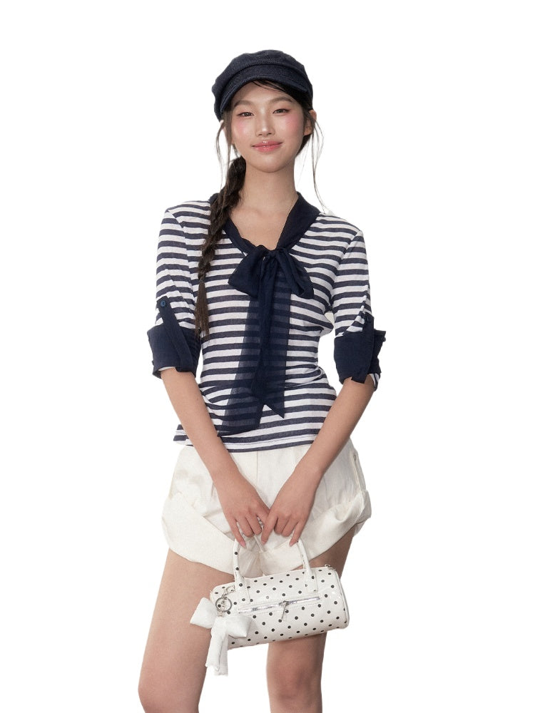 Striped Ribbon Cuffed T-shirt