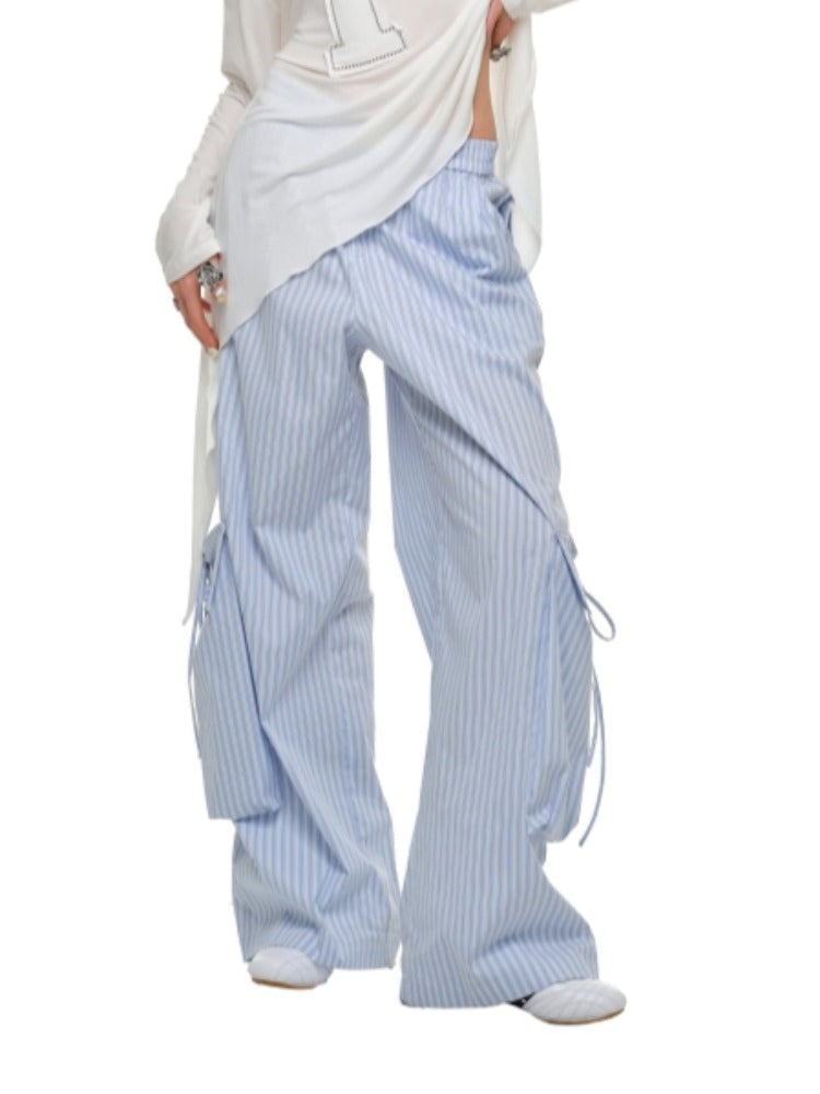 Blue & White Wide-Leg Utility Pants