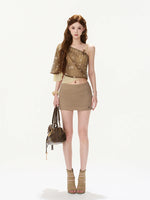Beaded One-Shoulder Mesh Top