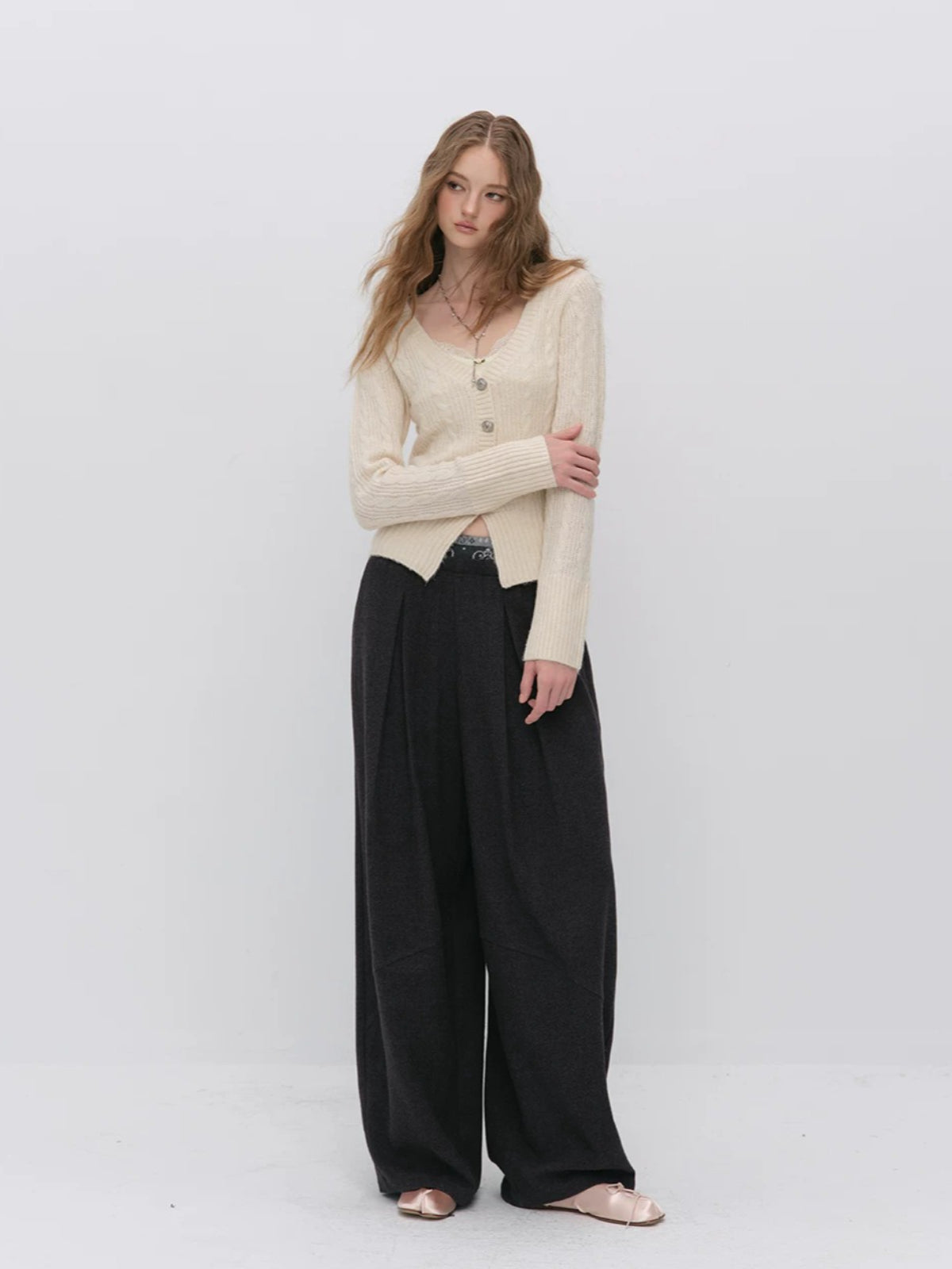 Pleated Wide Leg Wool Pants