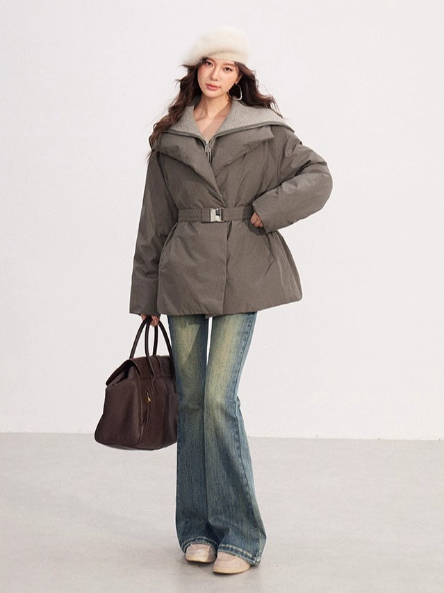 Belted Contrast-Knit Collar Down Coat