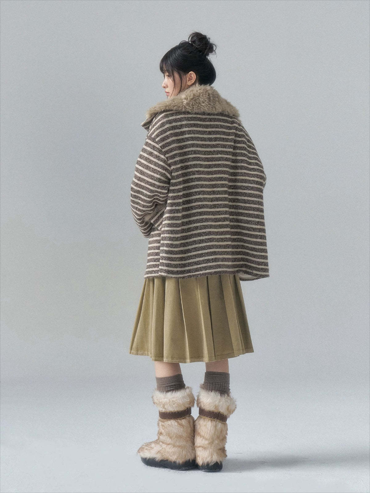 Striped Horn-Button Collar Coat