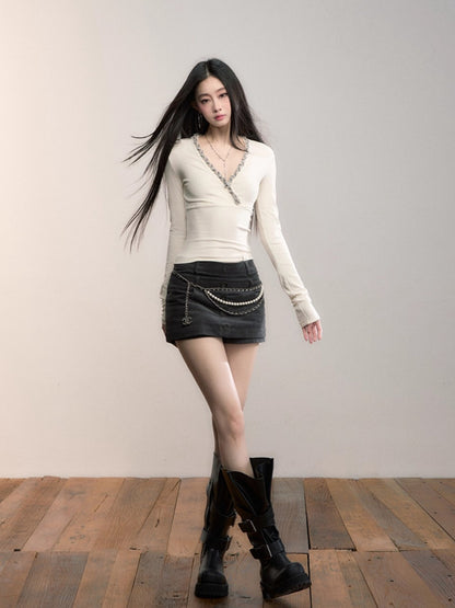 V-Neck Beaded Trim Knit Top