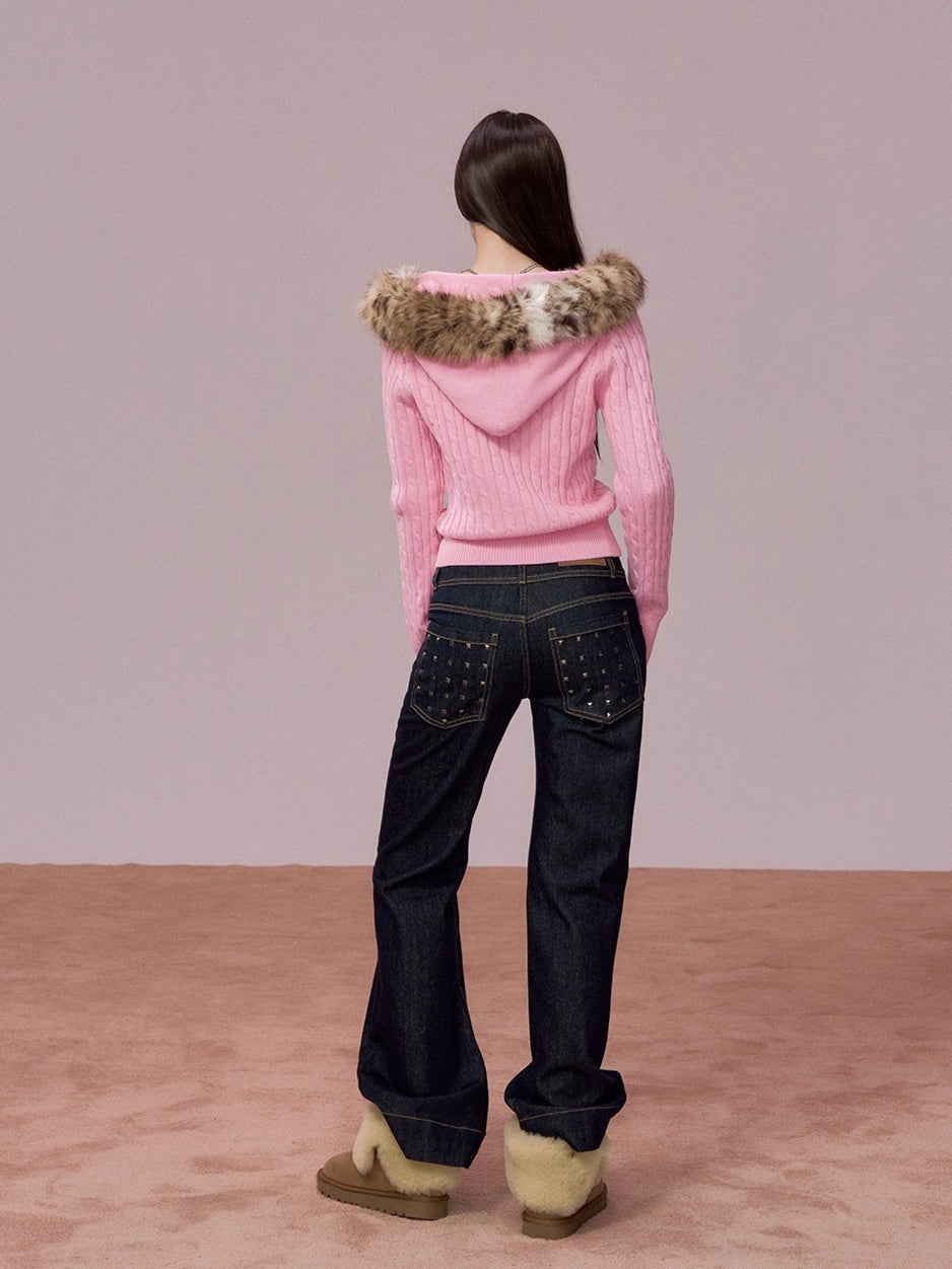 Faux Fur Collar Cable Knit Cardigan