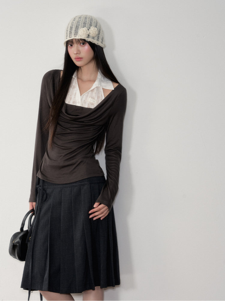 Fake Two-Piece Draped Neck Knit Top