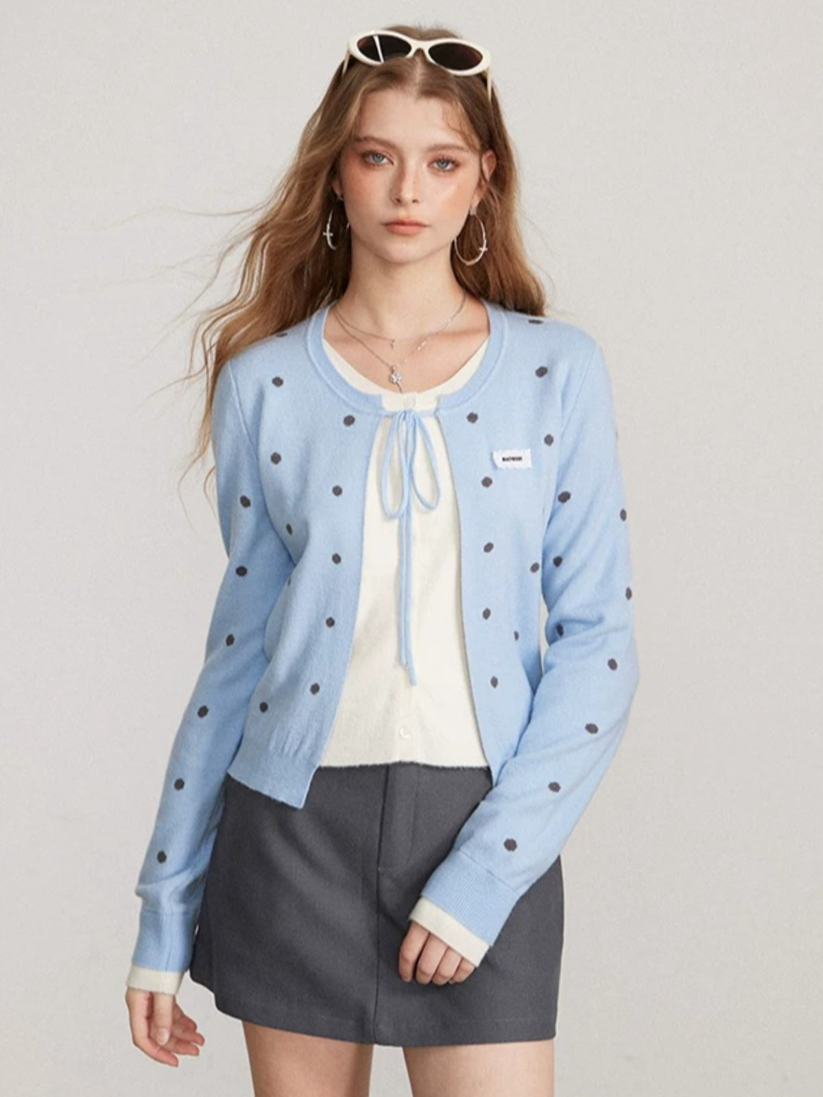 Polka Dot Layered Bow Knit Sweater