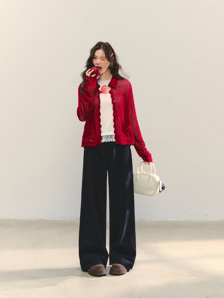 Hollow-out 3D Flower Crochet Lapel Cardigan