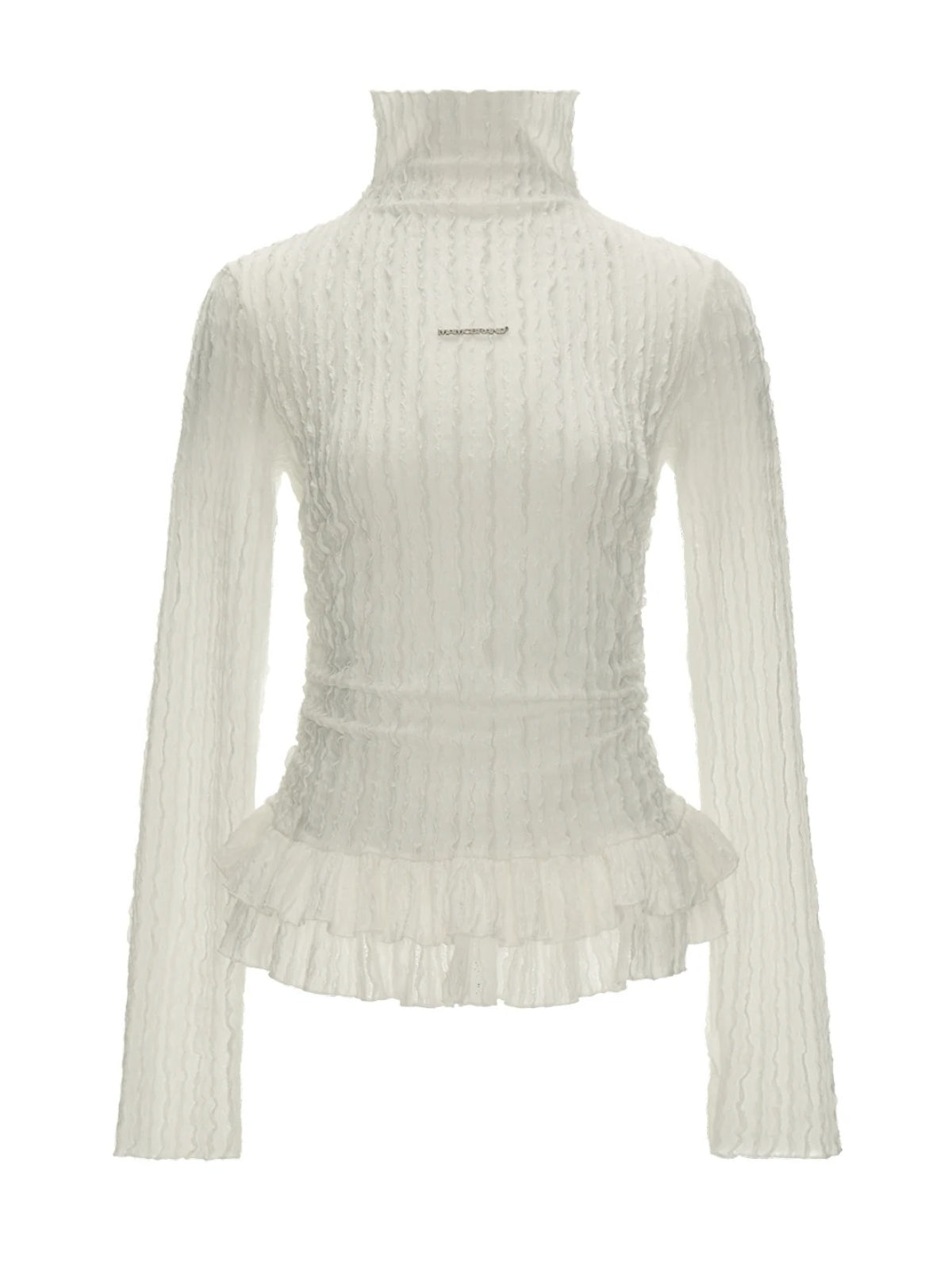 Ruffle High-Neck Slim Long Sleeve Top