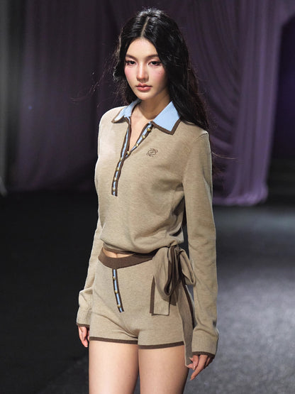 Contrast Tie-Neck Polo Knit Set
