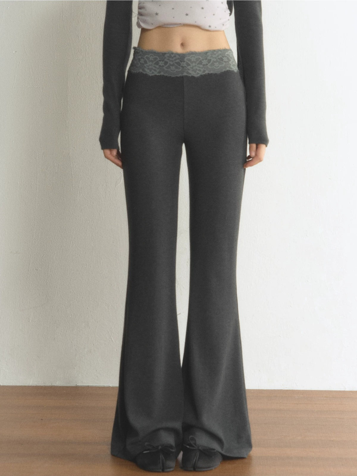 Lace Waist Soft Knit Flared Pants