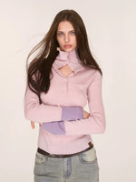 Contrast Cuff Button Neck Sweater