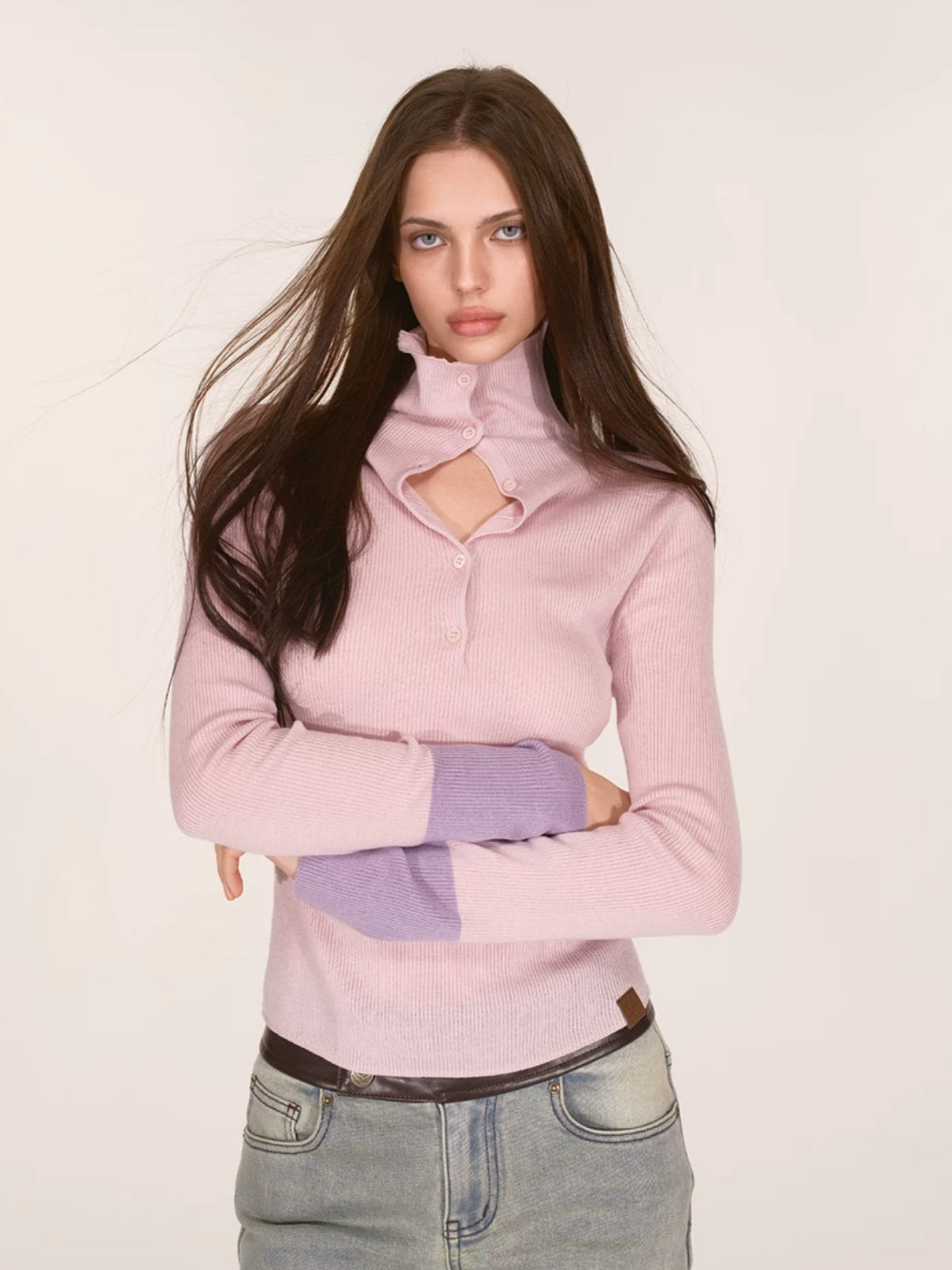 Contrast Cuff Button Neck Sweater
