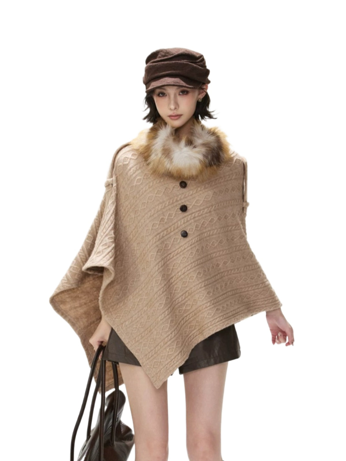Detachable Fur Collar Cable Knit Cape