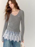 Lace-Trimmed Gray V-Neck Long Sleeve Top