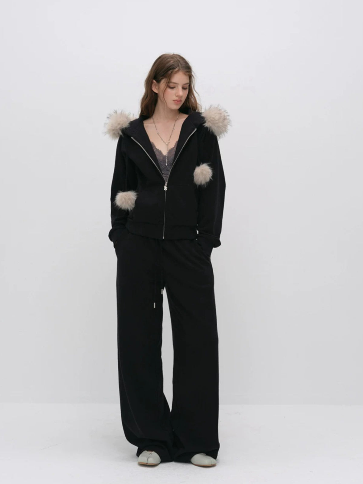 Fur Trim Knit Lounge Set