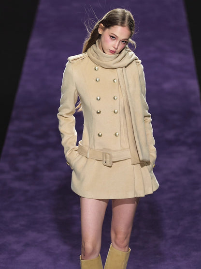 Wool Scarf-Collar Double-Breasted Dress