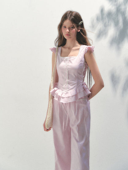 Pink Striped Flutter Sleeve Shirt