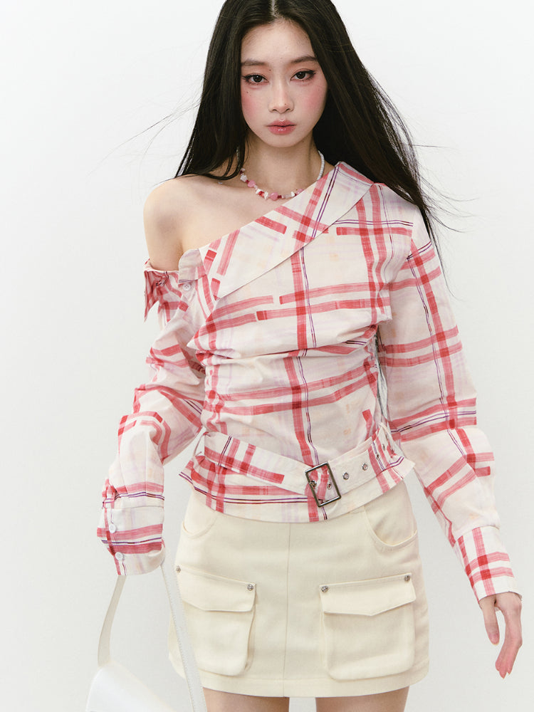Off-Shoulder Pleated Waist Belt Short Shirt