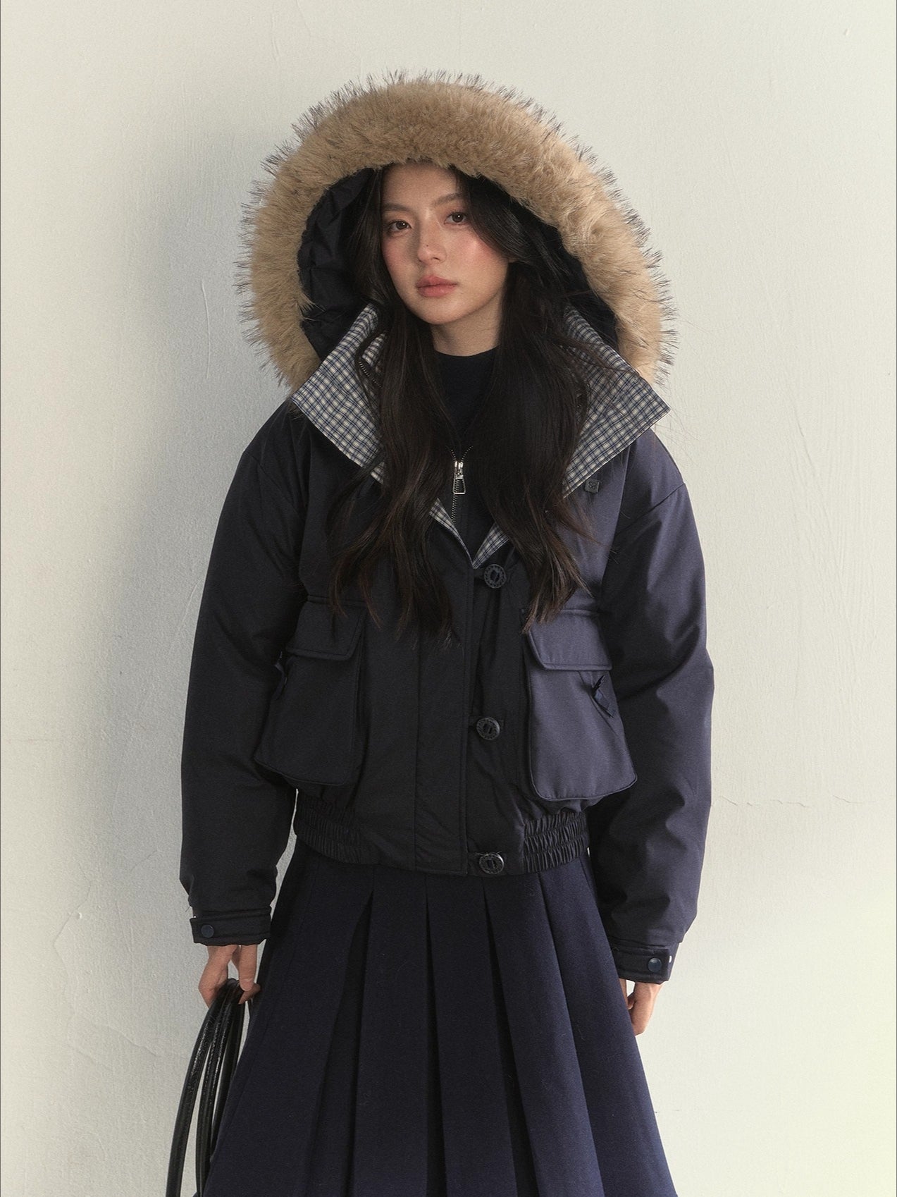 “Flowing Glacier” Patchwork Down Jacket with Fur Collar