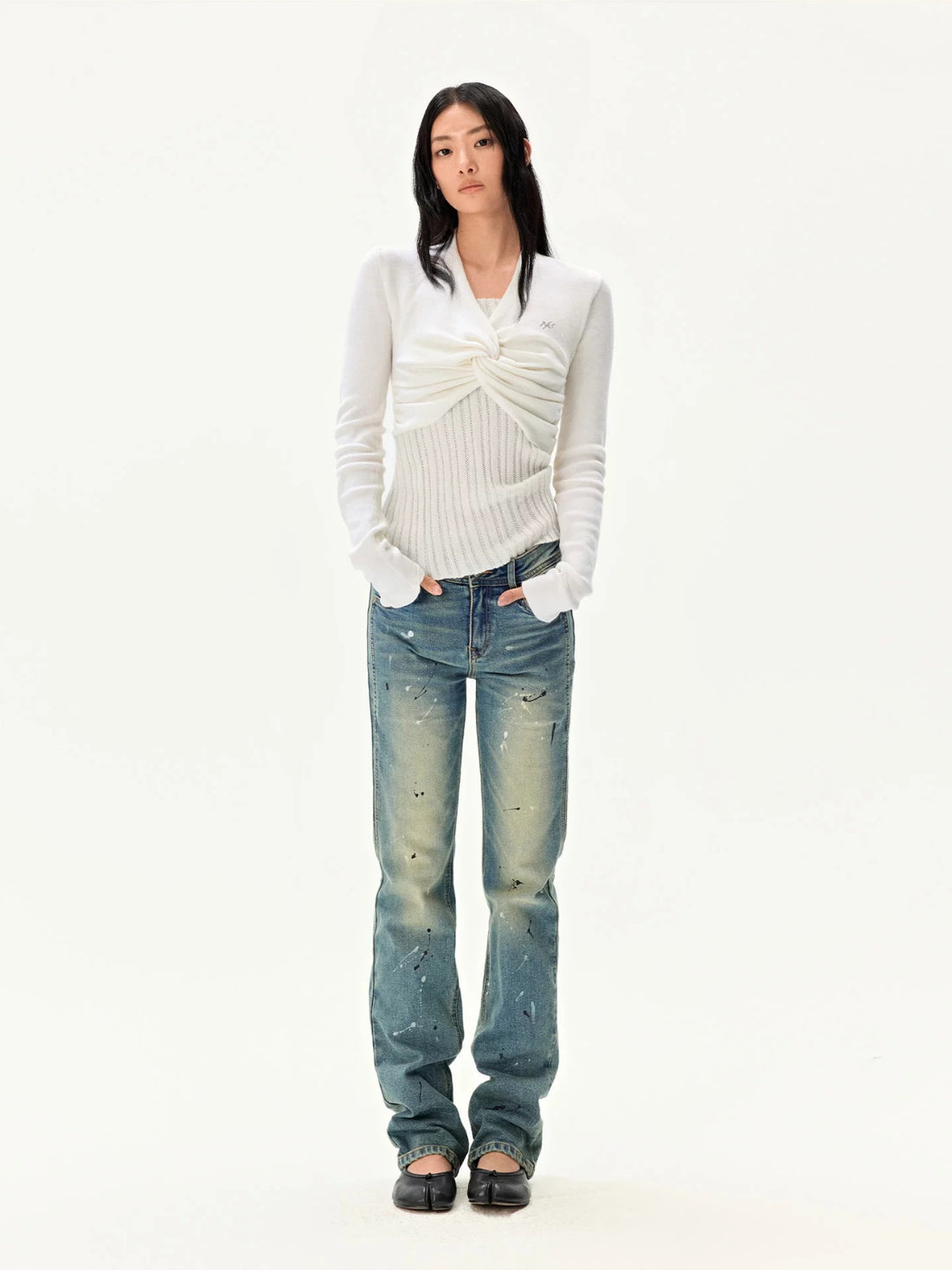 Pearl Twist Knit V-Neck Sweater