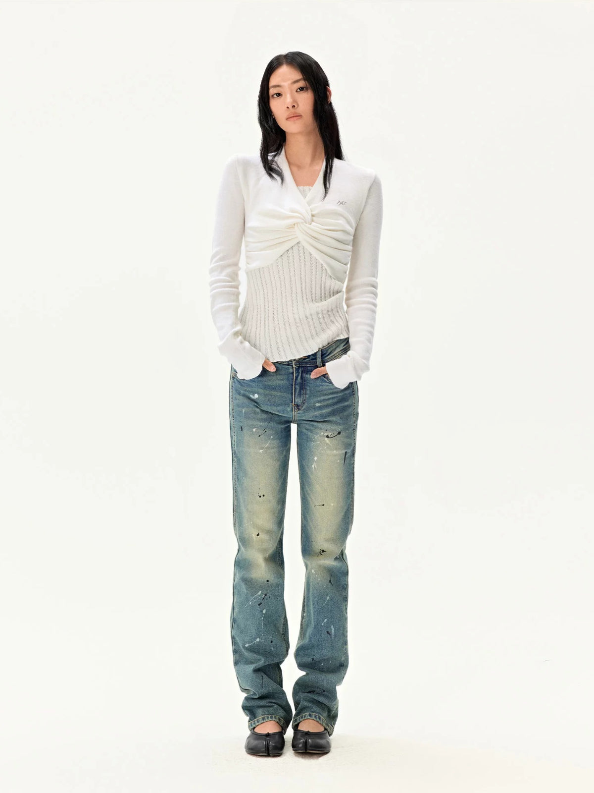 Pearl Twist Knit V-Neck Sweater
